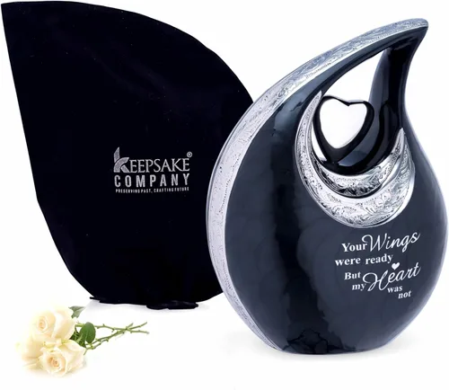 Gran urna de lágrima negra con corazón plateado para cenizas humanas masculinas - Urnas para hombres y mujeres adultos - Urnas de cremación para