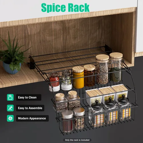 Miniatura 6 de Estante de especias desplegable de 3 niveles, organizador de almacenamiento de cocina de gran capacidad, barandilla elevada y placa de montaje