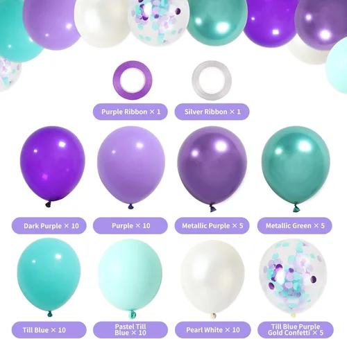 Miniatura 2 de RUBFAC Juego de 65 globos de guirnalda de sirena, globos metálicos de 12 pulgadas de color morado y verde, globos de confeti de látex morado, azul