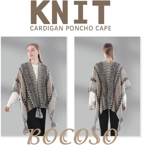 Miniatura 3 de Capa tipo poncho de punto para mujer, cárdigan de punto con flecos para otoño e invierno