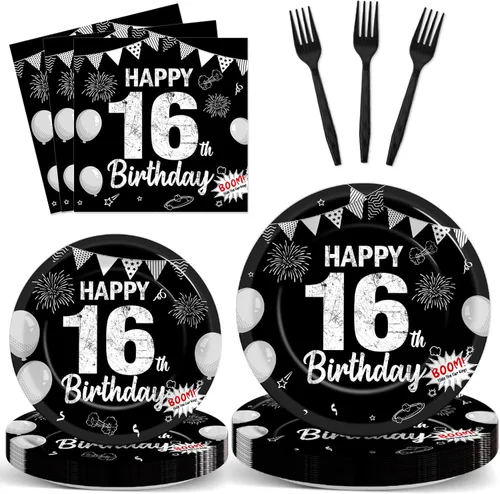 Juego de 96 piezas de platos de papel, servilletas y tenedores para fiesta de cumpleaños número 16 para fiesta negra de dulces 16 años, platos de