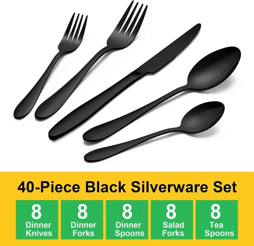 Miniatura 2 de LIANYU Juego de cubiertos negros de 40 piezas para 8, cubiertos de acero inoxidable, utensilios de cocina que incluyen tenedores, cuchillos