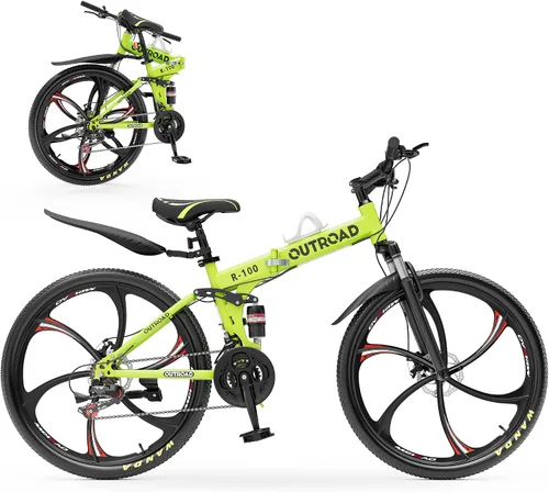 Miniatura 14 de Outroad - Bicicleta de montaña plegable de 26 pulgadas, 21 velocidades, suspensión completa, bicicleta MTB de acero de alto carbono plegable, freno