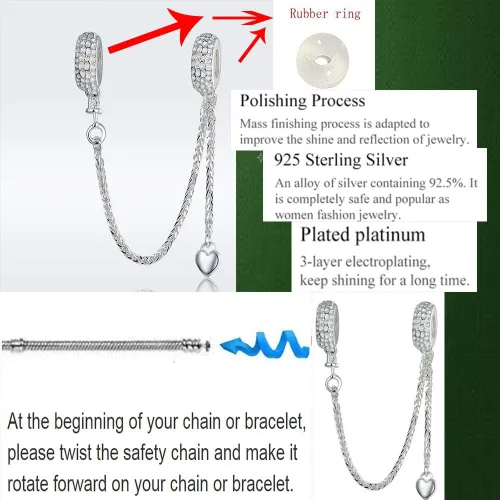 Miniatura 8 de ABAOLA - Dije con cadena de seguridad, con corazón de plata de ley 925, compatible con pulseras y collares Pandora