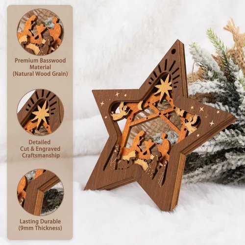 Miniatura 3 de Creawoo Adornos de belén, adorno colgante de madera de Navidad en forma de estrella, recuerdo de belén para árbol de Navidad, decoración