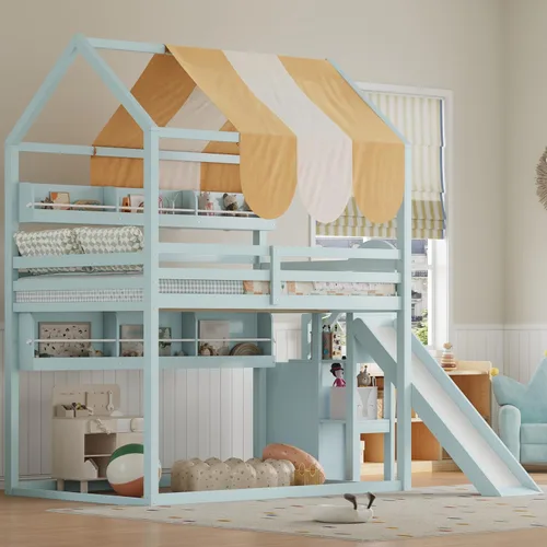 Miniatura 41 de Litera de casa individual sobre cama individual con tobogán convertible y nido, litera de madera maciza con techo y ventana para niños, verde-blanco
