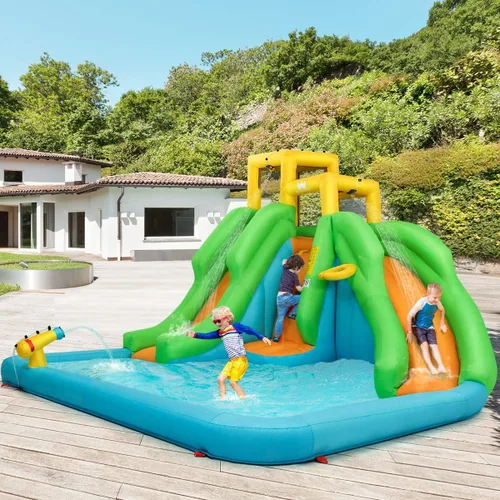Miniatura 2 de HONEY JOY - Tobogán acuático inflable, parque acuático inflable 6 en 1 con muro para escalar y 2 toboganes largos, piscina, castillo inflable
