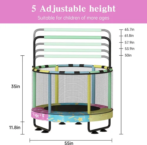 Miniatura 7 de Lamerge Kids Trampoline, Toddler Bouncing Trampoline with Safety Enclosure Net, ASTM-Approved, 500lbs Capacity, Ages 1-8, Adjustable Handrail