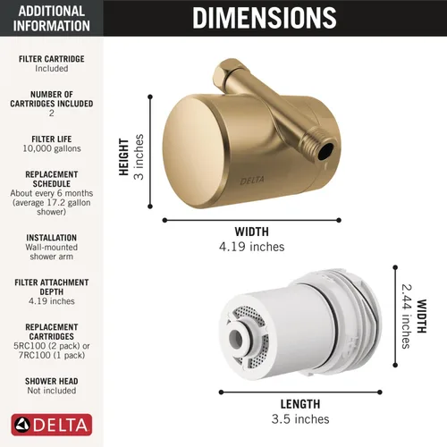 Miniatura 7 de Delta Grifo Clarifi Accesorio de filtro de ducha estándar dorado con cartucho de filtro adicional