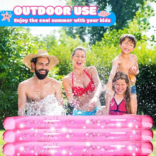 Miniatura 5 de Arrowbash Paquete de 2 piscinas inflables rosas, diseño redondo de 3 anillos de 47 pulgadas con purpurina plateada y parte inferior acolchada, fácil