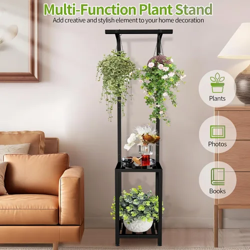 Miniatura 6 de Soporte para plantas para interiores y exteriores, soporte para plantas de 65 pulgadas de alto para exteriores, estante colgante de 3 niveles