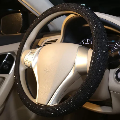 Miniatura 3 de Funda para volante de coche con brillantes Carwales para mujeres y niñas, accesorios de coche negros con cristal de diamante de 15 pulgadas