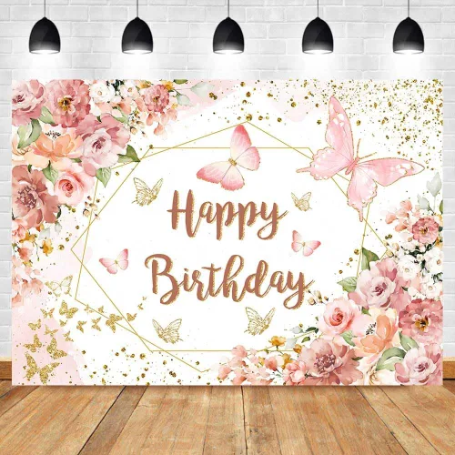 Miniatura 4 de Sensfun Telón de fondo floral de feliz cumpleaños para mujeres y niñas, mariposa rosa, fiesta de cumpleaños, fondo de fotografía, flores