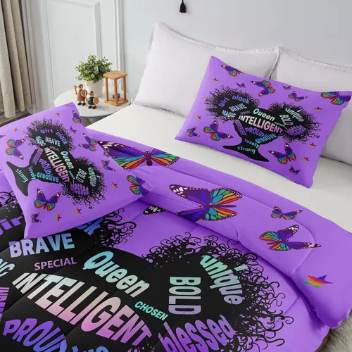 Miniatura 6 de Juego de edredón para niña negra, tamaño individual, para niños y adolescentes, juego de ropa de cama Black Girl Magic, juego de edredón con citas