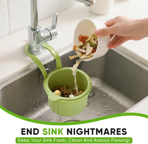 Miniatura 3 de Colador colgante de residuos de alimentos para fregadero, cesta coladora de fregadero con descarga de prensa, diseño autolimpiante, colador de Verde