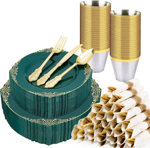 Miniatura 10 de Realluck 350 piezas platos de plástico blanco y dorado, juego de vajilla de plástico para 50 invitados, 100 platos desechables, 150 cubiertos, 50