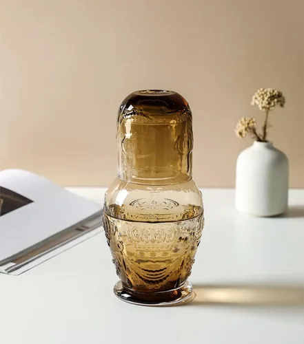 Miniatura 3 de Retro Crown Relief - Jarra de agua de noche de cristal transparente con vaso, jarra y taza de noche