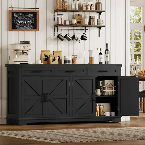 Miniatura 4 de usikey Armario buffet, aparador grande de 61 pulgadas con 3 cajones, barra de café de granja con 4 puertas, para cocina, sala de estar, color negro