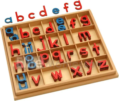 Montessori pequeño alfabeto movible de madera con caja (rojo y azul, 0.19 in de espesor)