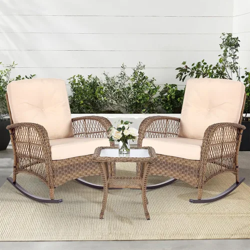 Miniatura 29 de MEETWARM Mecedora de mimbre para exteriores, sillas mecedoras de ratán para patio con cojines y respaldo alto, silla de mimbre para patio para todo