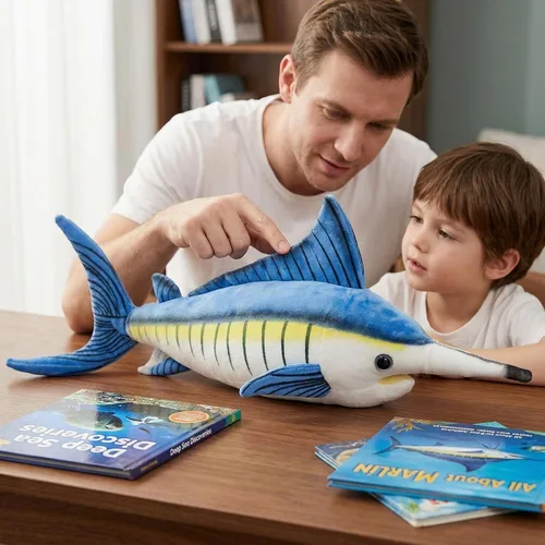 Miniatura 3 de Juguete de peluche de pez Marlin de simulación, animales realistas de 18.5 pulgadas, animales de peluche azul Marlin, muñecas de felpa súper suaves