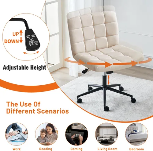 Miniatura 7 de Furniliving Silla de escritorio de oficina en casa con ruedas, silla ancha con patas cruzadas, silla ajustable de altura sin brazos con respaldo