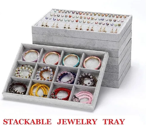Miniatura 2 de Stratalife Bandeja apilable para joyas, 12 rejillas de terciopelo, organizador de joyas, almacenamiento de pulseras para cajones (12 rejillas)
