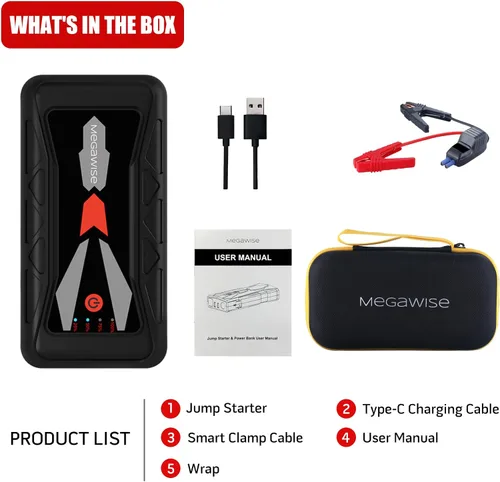 Miniatura 8 de MEGAWISE Arrancador de batería de coche de 1500A pico 16800mAh (hasta motores de gasolina de 7L o diésel de 5L), energía portátil de 12V con salidas