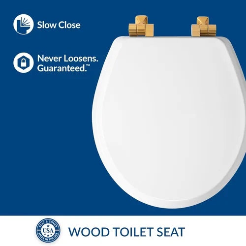Miniatura 3 de Mayfair Bennett - Asiento de inodoro con bisagras doradas cepilladas, asiento de madera de cierre lento, bisagras de metal seguras, fácil de Dorado