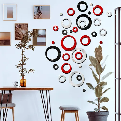 Miniatura 4 de Outus 72 Piezas Pegatinas de Pared Decorativas Espejo Circular Acrílico Removible Rojo y Negro Decoración de Pared Puntos Redondos a Granel DIY Rojo