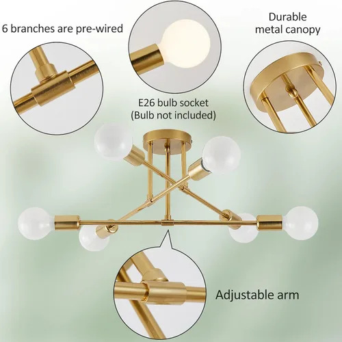 Miniatura 3 de Lámpara de Techo de Montaje Semiempotrado, Lámpara de Techo Moderna Sputnik de 6 Luces con Base de Bombilla E26, Accesorios de Iluminación de Techo