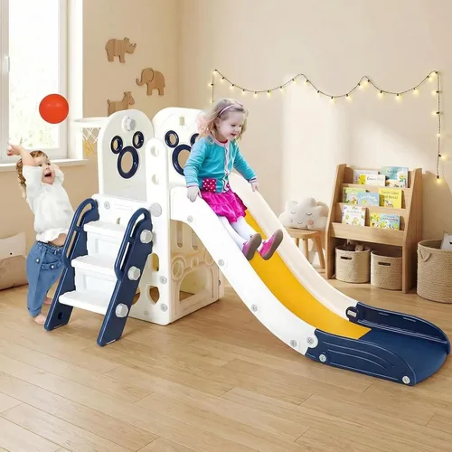 Miniatura 9 de Arlopu Juego de tobogán 6 en 1 para niños pequeños, tobogán resistente para niños con aro de baloncesto y telescopio, pasos antideslizantes, juego