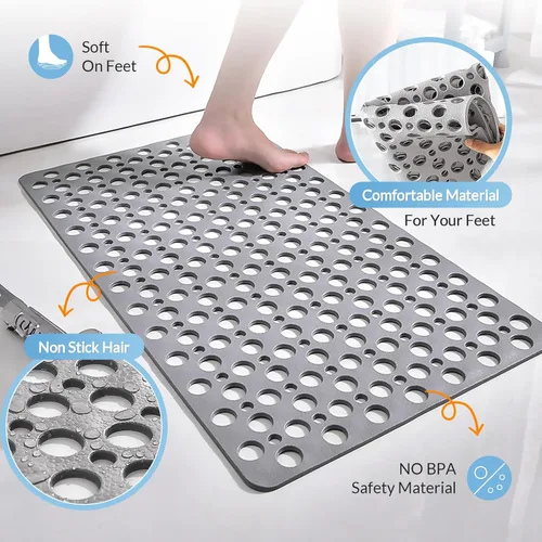 Miniatura 5 de Tapete antideslizante para bañera y ducha, 30 x 17 pulgadas, tapete de baño suave con ventosas y agujeros de drenaje más grandes, lavable a máquina