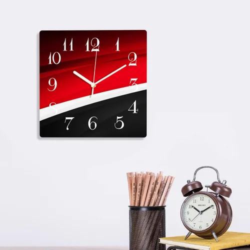 Miniatura 6 de ArtSocket Reloj de pared de madera silencioso sin tictac, rojo, negro y blanco, línea abstracta moderna, onda cuadrada, relojes de pared decorativos