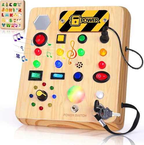 TINTECUSA Tablero Ocupado con Luz LED, Juguetes Sensoriales de Madera para Niños Pequeños, Juguete Musical Montessori para Avión, Actividades de