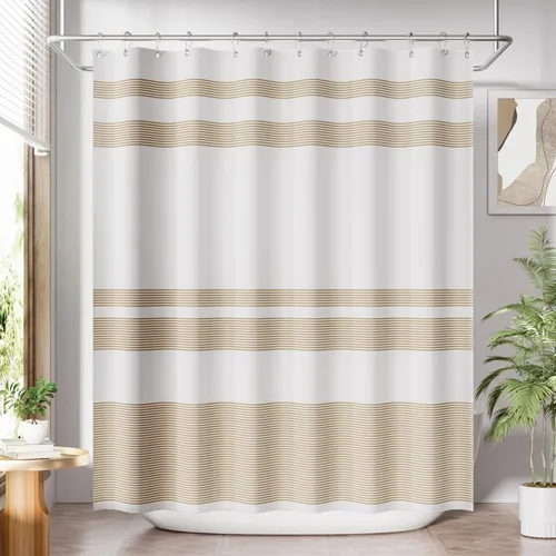 AmazerBath Cortina de ducha, 72 x 72 pulgadas, tela lavable neutra, color marrón claro con 12 ganchos, juego de tela a rayas color caqui y blanco, A