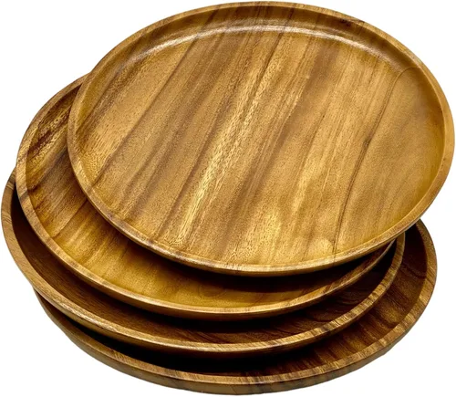 Miniatura 12 de Juego de 4 platos de madera de acacia, redondos de 6 pulgadas, postre de madera maciza de 1 pulgada de grosor, platos laterales y aperitivos