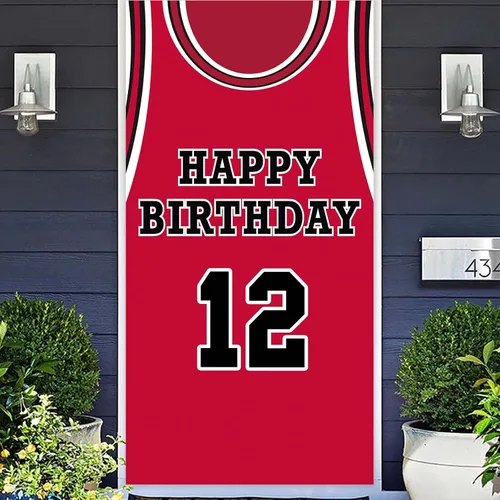 Miniatura 9 de Cartel de feliz cumpleaños 10 pancarta de fondo rojo de baloncesto estrella jugador de deportes decoración para hombre niño 10 cumpleaños