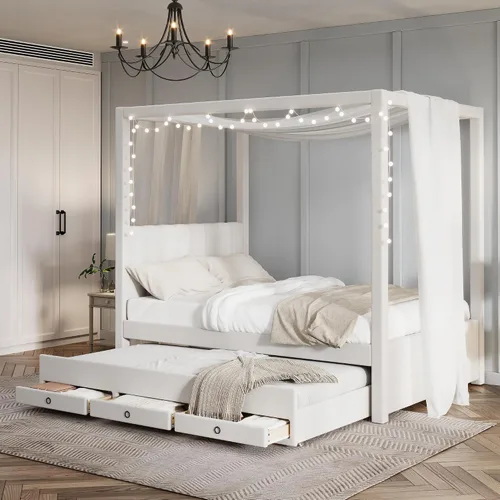 Miniatura 11 de Bellemave Base de cama con dosel de tamaño individual con cabecera tapizada princesa, nido doble extraíble y 3 cajones de almacenamiento, cama