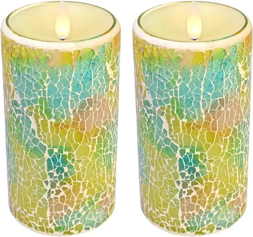Miniatura 10 de Velas de pilar sin llama de vidrio parpadeantes con temporizador remoto, velas LED de cera real con llama en movimiento 3D operadas por batería