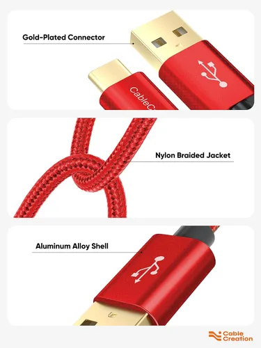 Miniatura 6 de CableCreation - Paquete de 2 cables USB A a USB C de 0.5 pies, carga rápida de 3A y sincronización de datos de 480 Mbps, rojo, compatible