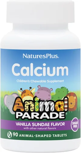 NaturesPlus Animal Parade - Calcio infantil sin azúcar, sabor vainilla Sundae, 90 tabletas masticables en forma de animal, paquete de 2, magnesio