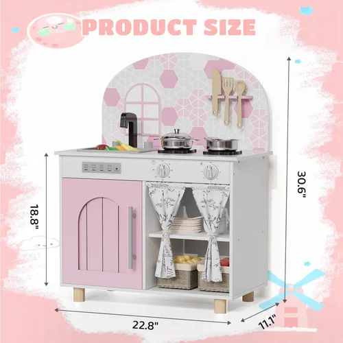Miniatura 2 de Arlopu Set de Cocina de Juego, Juego Interactivo de Chef de Simulación para Niños con Gabinete con Cortina, Estufa con Perillas que Hacen Clic, Rosa