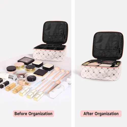 Miniatura 4 de Bolsa de maquillaje de viaje, organizador de cosméticos impermeable, divisores ajustables, estuche de tren de cosméticos portátil, organizador