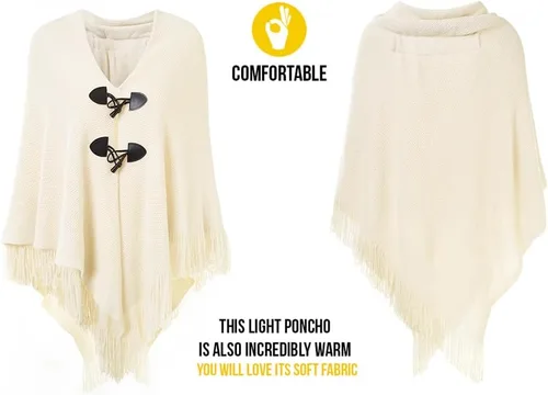 Miniatura 3 de Ferand Poncho de ajuste holgado para mujer con elegantes botones de cuerno, cuello en V y dobladillo en V