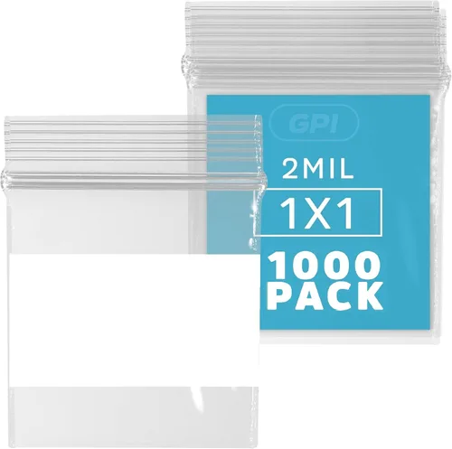 GPI - Mini bolsas con cremallera de 1 x 1 pulgada, paquete de 1000 bolsas de plástico transparente con cierre con cremallera con bloque blanco para