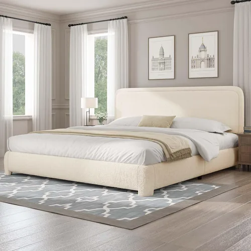 Miniatura 36 de BarnFurin Cloud Boucle - Base de cama de tamaño matrimonial, plataforma tapizada con cabecero, esquinas redondeadas suaves, no requiere somier, Beige