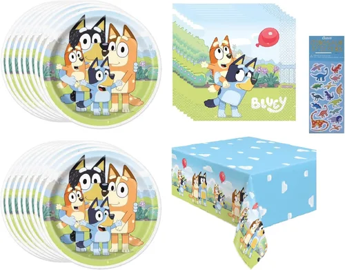 El paquete de suministros para fiesta de cumpleaños Bluey incluye 16 platos de papel para el almuerzo, 16 servilletas de almuerzo, 1 cubierta de