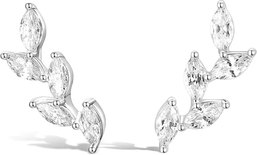 TIGRADE Aretes tipo dormilona de plata de ley 925 con circonita cúbica marquesa y diamantes de imitación, hipoalergénicos para mujeres, novias,