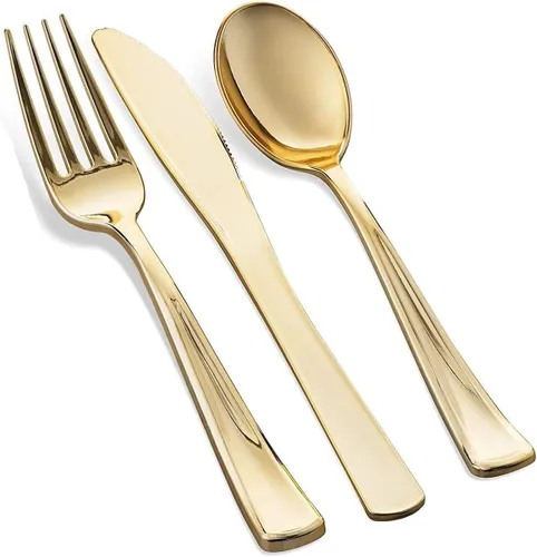 Miniatura 3 de Juego de vajilla dorada de 125 piezas, 50 platos de plástico con borde dorado, 25 platos de cena, 25 platos de postre, 25 cuchillos, 25 tenedores
